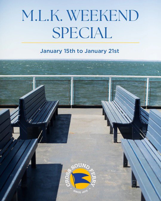 $100 round trip for car &amp; driver and up to 5 additional passengers!!

Valid Wednesday, January 15th, through Tuesday, January 21st.
Both legs of trip must be within the valid dates.
 
Promo Code:  MLK25

**Terms and Conditions Apply**

#LongIsland #CrossSound #NewLondon