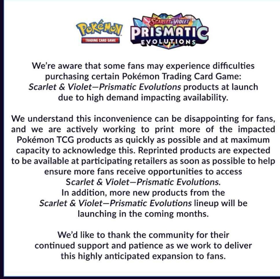 7Czinhand's tweet photo. Trainers, we want your take! 🃏 With Scarlet &amp; Violet—Prismatic Evolutions in high demand, reprints are coming soon, but launch availability might be tight.
What are your thoughts on this announcement? 
💬 How will it impact the TCG market? 
#PokemonTCG #PrismaticEvolutions https://t.co/Z1ek4I7oTB