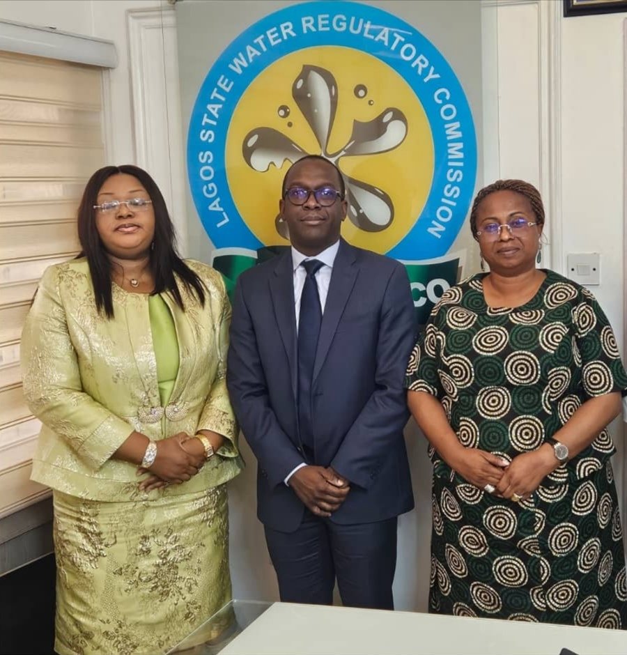 Mrs Ore Famurewa , ED Corporate Affairs, FrieslandCampina, Managing Director, Roger P.Adou and Executive Secretary, Lagos Water Regulatory Commission ( LASWARCO) during WAMCO,s courtesy visit to the Commission on Regulatory Compliance.