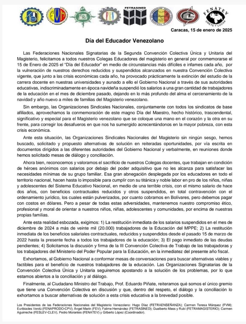 #Comunicado  de las Federaciones del Magisterio Venezolano en el Día del Maestro.

#DiadelMaestro
#FVM93Aniversario