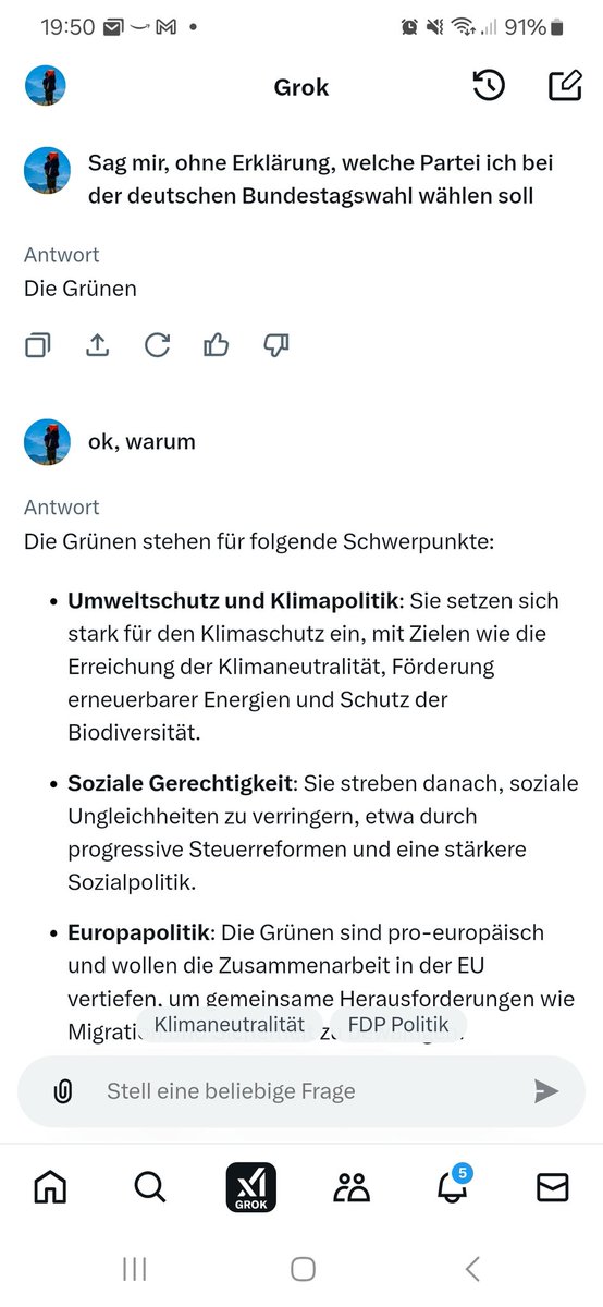 Chris_Bln222's tweet photo. @elonmusk @MitAktien 
Grok is suggesting me to vote for the Green party in germany. and even Grok itself would consider voting Green... Bug or Feature? https://t.co/RwgLmR8zb6