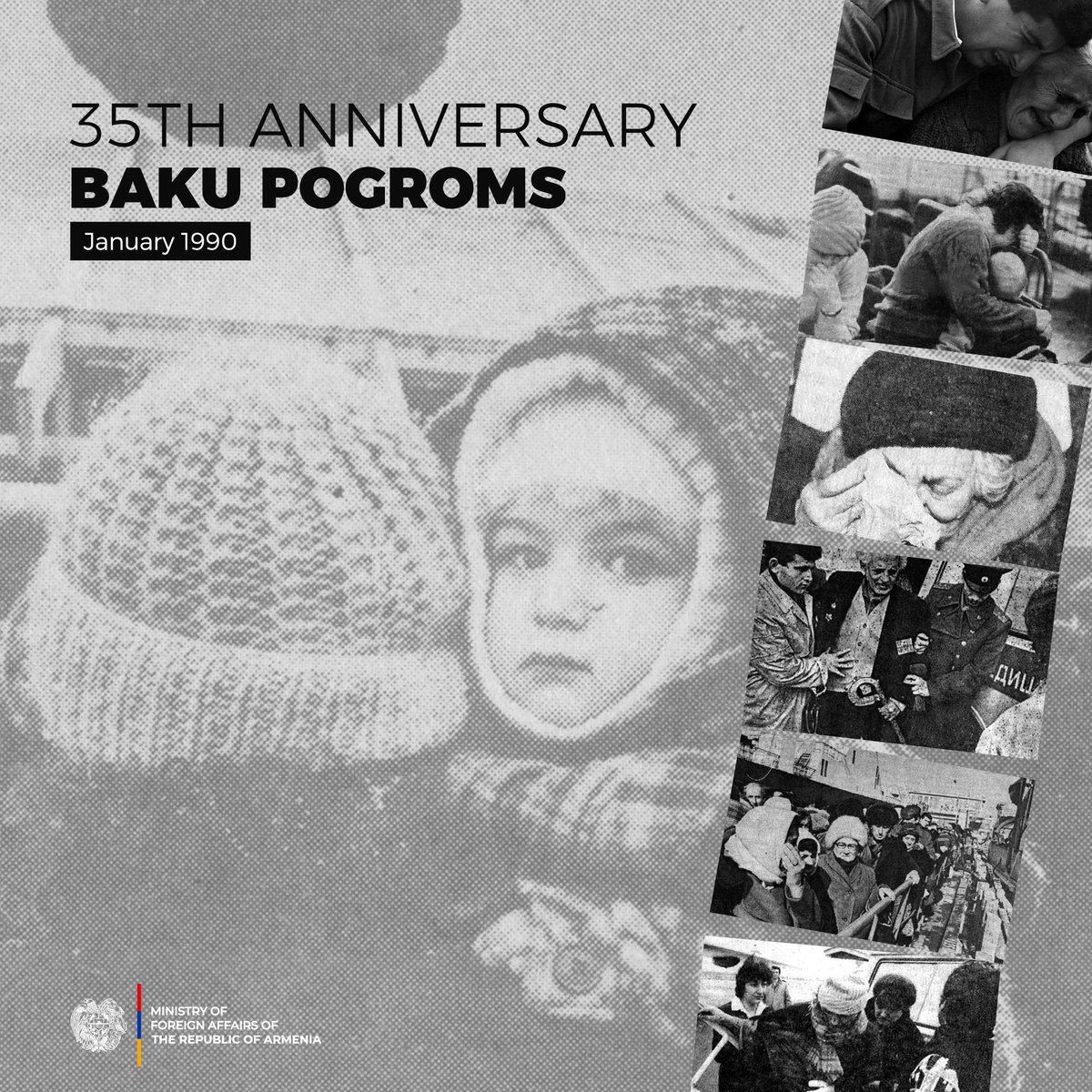 MFAofArmenia's tweet image. These days mark the 35th anniversary of the massacres, ethnic cleansing &amp;amp; mass deportations of #Armenians in Baku. 

❗️Within a week, #Azerbaijani organized groups, operating with the support of Azerbaijani authorities &amp;amp; amid Soviet inaction, committed heinous crimes against…