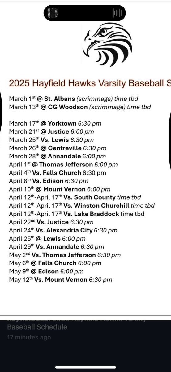 Official 2025 Hayfield Hawks Schedule