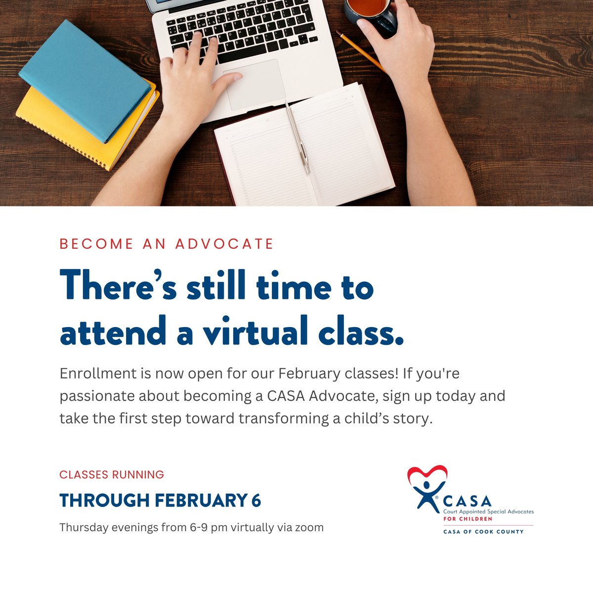 Interested in becoming a CASA Advocate? Join one of our virtual classes to discover how you can make a difference.

Get involved today: il-cook.evintosolutions.com/VolunteerAppli…

#advocate #CASAofCookCounty