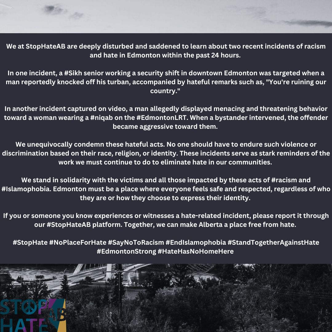 Two troubling incidents of racism and hate have surfaced in Edmonton within 24 hours. Read our full statement below condemning these acts and standing with the victims.

 #StopHateAB #StandAgainstHate #yeg #yegcc #alberta #ableg