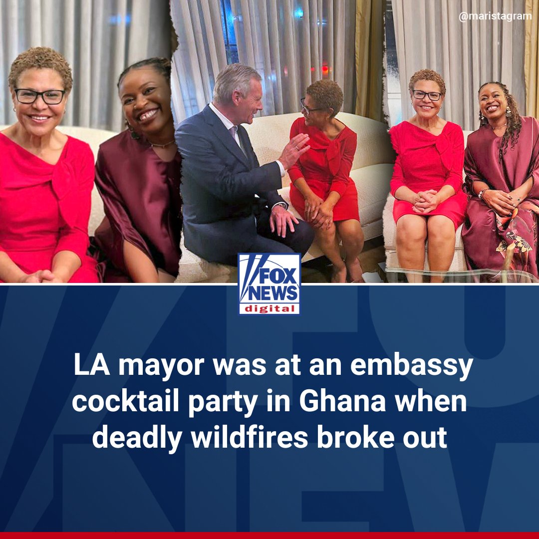 WHAT IN THE WORLD? After being heavily criticized for leaving the country amid weather forecasts warning of wildfires, newly-surfaced photos show Mayor Karen Bass attending a party overseas as Los Angeles faced the growing crisis. trib.al/7VR73Dn