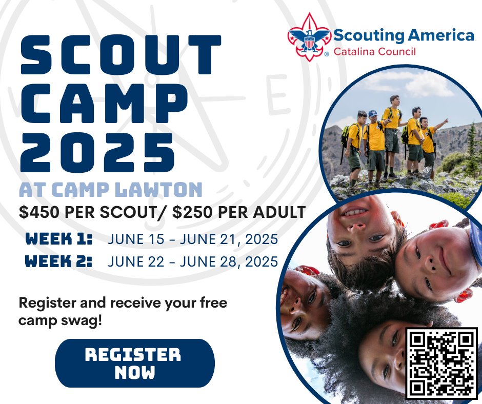 catalinacouncil's tweet image. 🚨 Scout Camps are back this summer! 🏕️
Get ready for two exciting weeks of adventure:
🔹 Week 1: June 15-21
🔹 Week 2: June 22-28
📝 Don’t forget: Troops must register with two adults.
Register today🌲[scoutingevent.com/011-ScoutCamp2…]
#ScoutCamps #ScoutingAdventure #SummerCamp2025