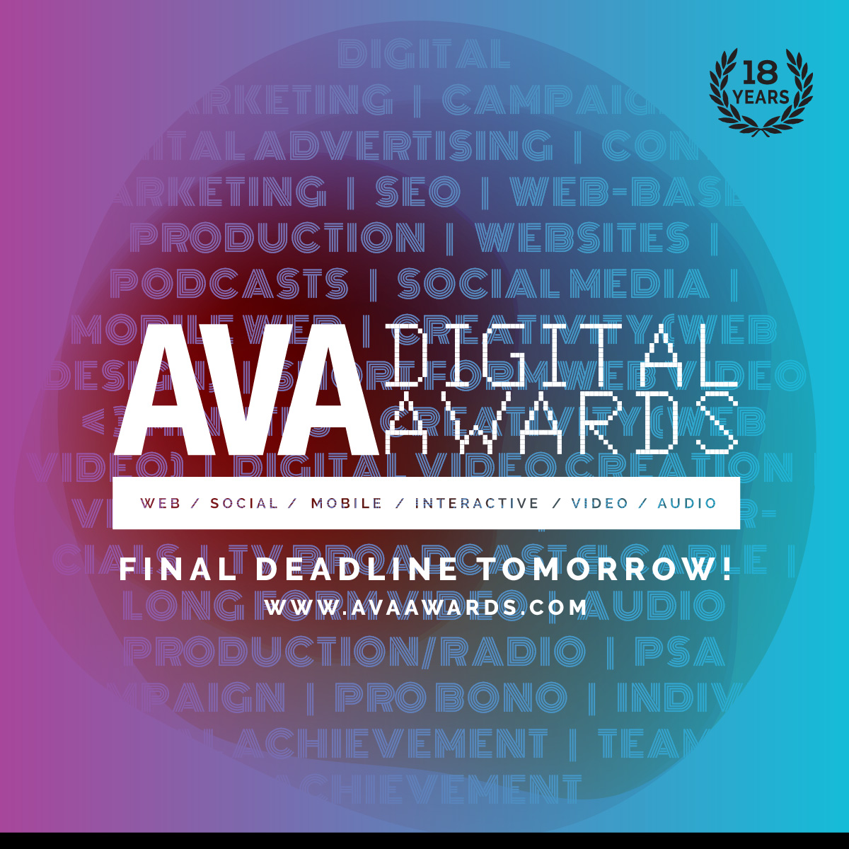 The deadline is tomorrow! Grab your materials and take 5 minutes to submit your entry so you can have the recognition you deserve. Results will be posted no later than February 1st! AVAawards.com