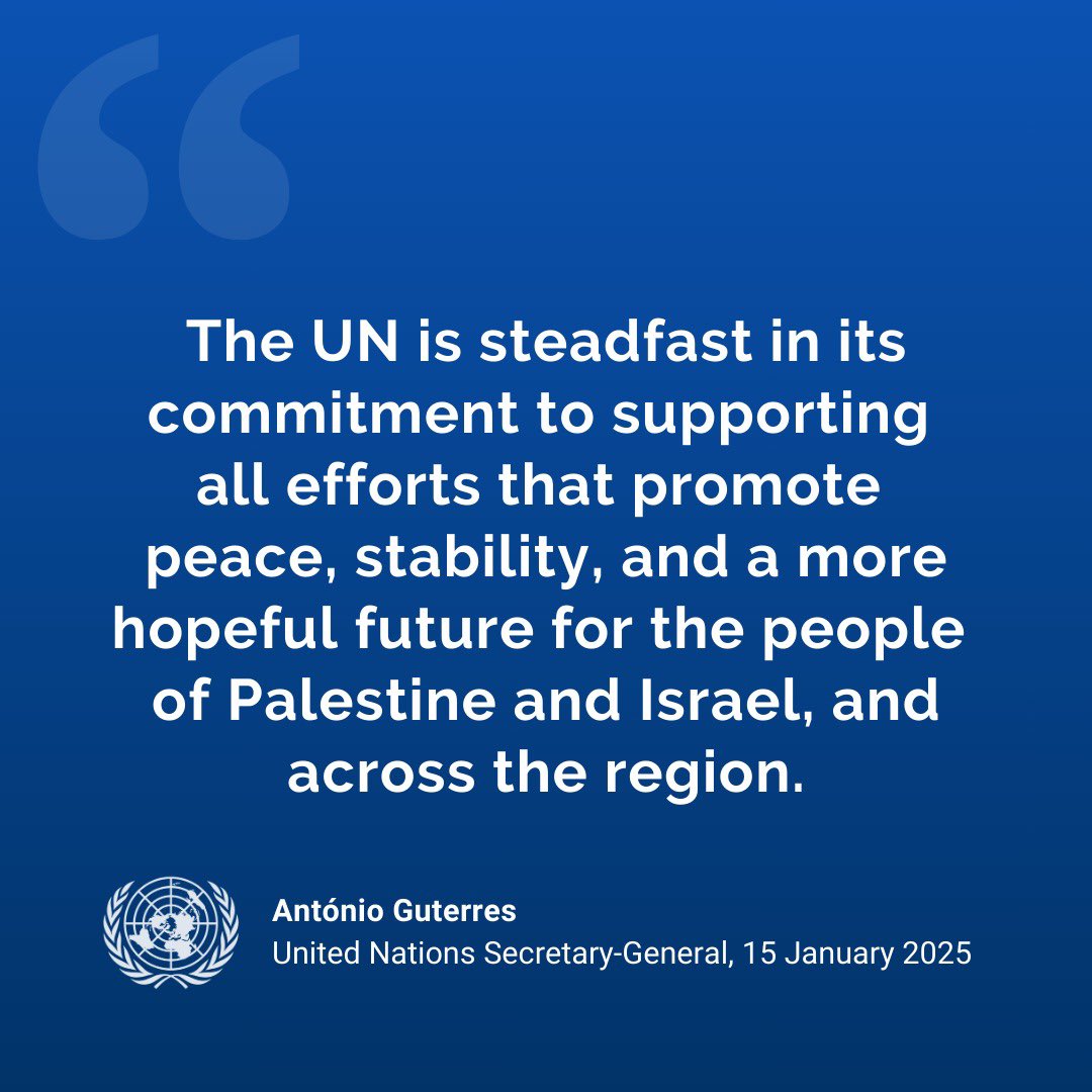 United Nations (@un) on Twitter photo “The UN is steadfast in its commitment to supporting all efforts that promote peace, stability, and a more hopeful future for the people of Palestine and Israel, and across the region.”
– <a href="/antonioguterres/">António Guterres</a> following hostage release and ceasefire announcement. “The UN is steadfast in its commitment to supporting all efforts that promote peace, stability, and a more hopeful future for the people of Palestine and Israel, and across the region.”
– <a href="/antonioguterres/">António Guterres</a> following hostage release and ceasefire announcement.