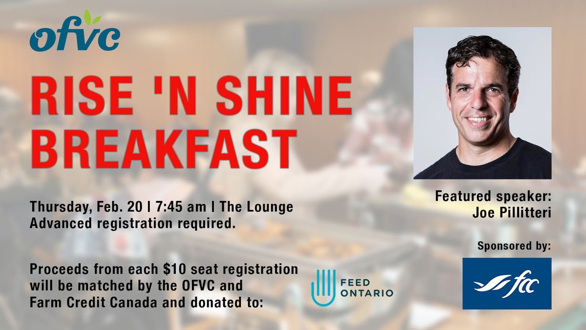 OFVC (@ofvc1) on Twitter photo NEW! It's the Rise 'N Shine breakfast on Feb. 20. Proceeds to be matched by OFVC and <a href="/FCCagriculture/">Farm Credit Canada</a> and donated to <a href="/FeedOntario/">Feed Ontario</a> Featured speaker Joe Pillitteri provides insights into mental health challenges faced by many but discussed by few.
#ofvc2025 #breakfast #insights NEW! It's the Rise 'N Shine breakfast on Feb. 20. Proceeds to be matched by OFVC and <a href="/FCCagriculture/">Farm Credit Canada</a> and donated to <a href="/FeedOntario/">Feed Ontario</a> Featured speaker Joe Pillitteri provides insights into mental health challenges faced by many but discussed by few.
#ofvc2025 #breakfast #insights