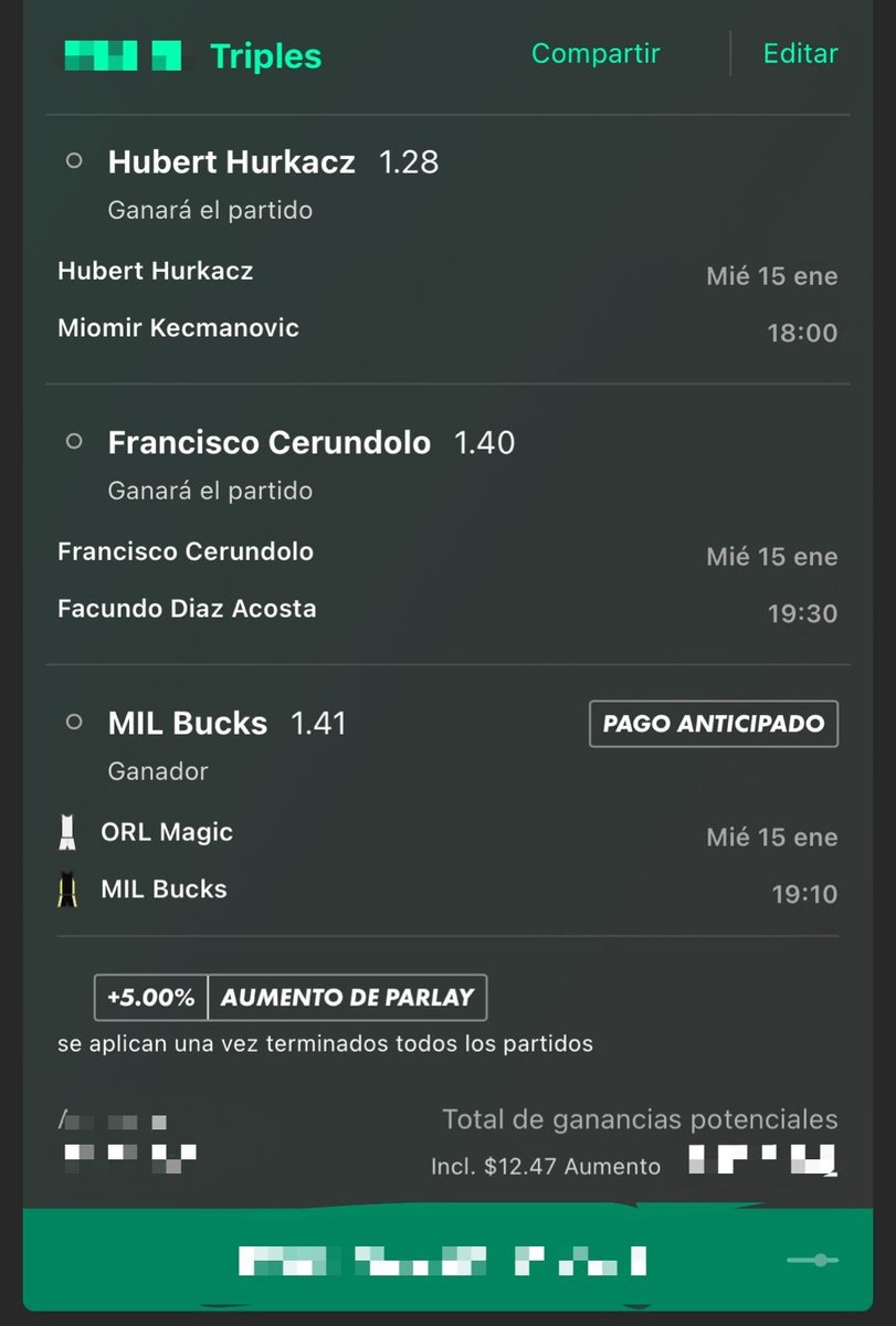 AZpicksVIP's tweet image. 15/01/25
Triple Tenis 🎾 + Basquetbol 🏀
Bucks ML 🍀🫎
A seguir con la racha, compartan para más picks con momio positivo 🫢
#apuestasdeportivas #FreePick #JRpicks