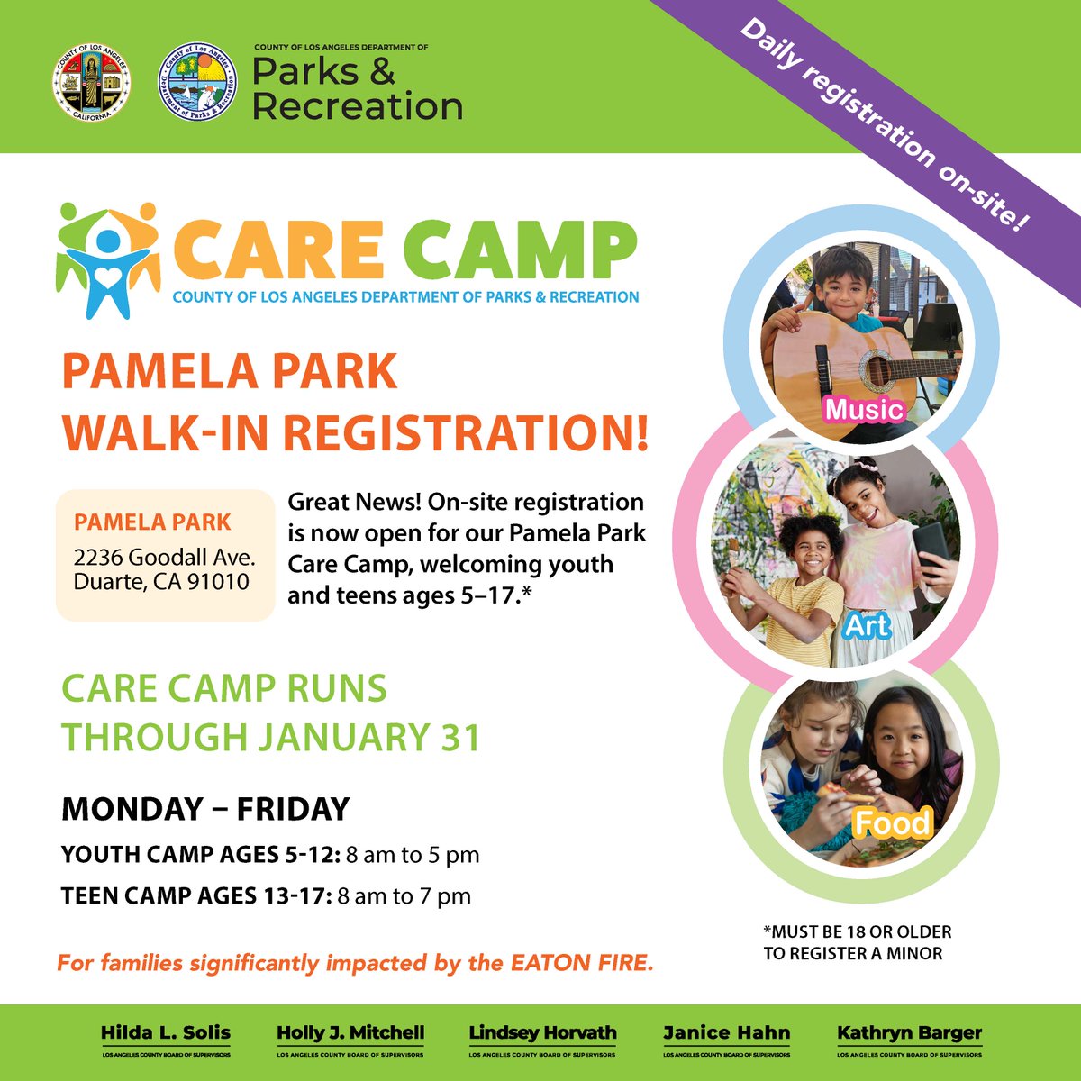 Update: Walk-in Registration Now Open at Pamela Park!

📅 Now - Jan 31 🕗
Mon-Fri, 8 AM - 7 PM
Ages 5-17 
🎨 Music, Art, Food &amp; more!
No online forms—just drop by! (18+ to register a minor)

*For families impacted by the Eaton Fire. 
We’re in this together. 💕

#EatonFireRelief