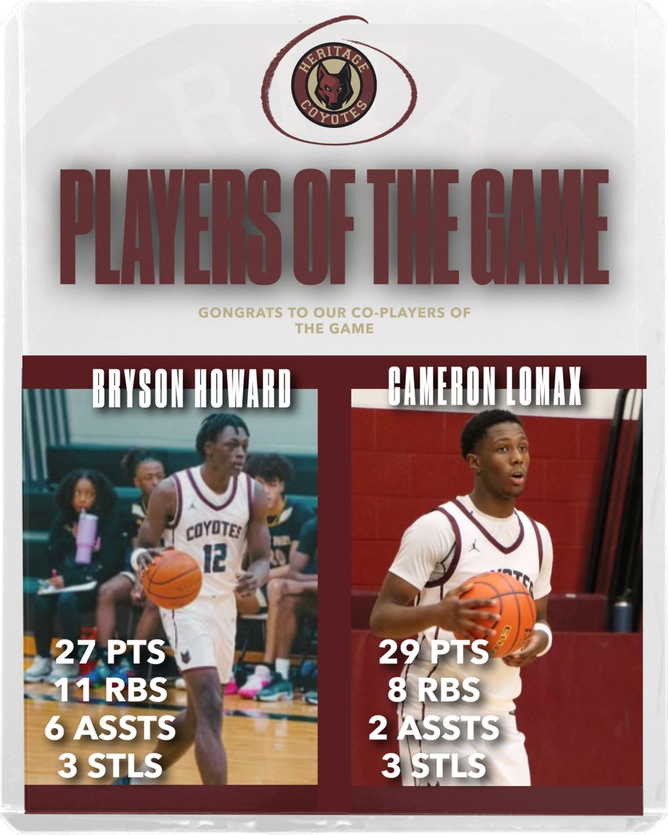HHSCoyotesBBALL's tweet photo. Congrats to our Co-Players of the Game vs Emerson! Cameron Lomax and Bryson Howard combined for 56 pts, 19 Rbs, 8 Assts, and 6 Stls! #Elite #D1Prospects https://t.co/3E1JNyMdno