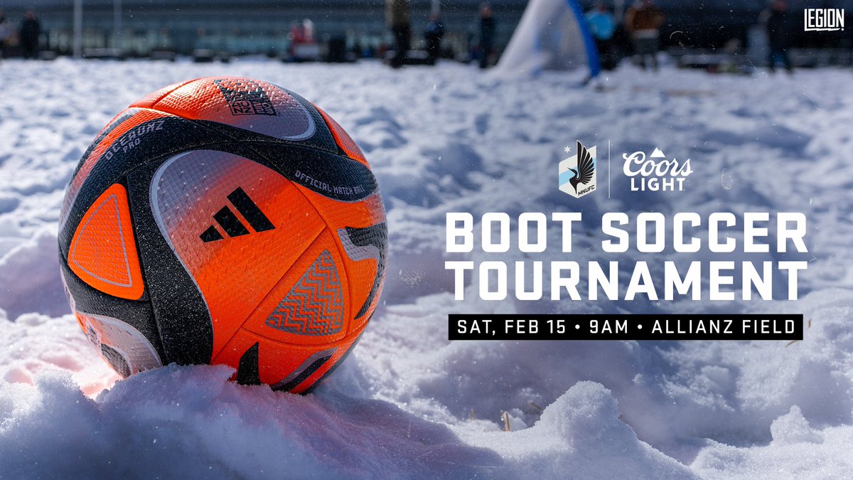 MNUFC's tweet photo. Assemble your crew.

Our annual Boot Soccer Tournament returns to Allianz Field on Saturday, Feb. 15! 32 teams will compete for glory and the grand prize: 2025 MNUFC Jerseys for each member of the winning squad, plus a Coors Light Prize Pack.

Register >> https://t.co/XHzOP6137N https://t.co/8mIgqpgrWZ