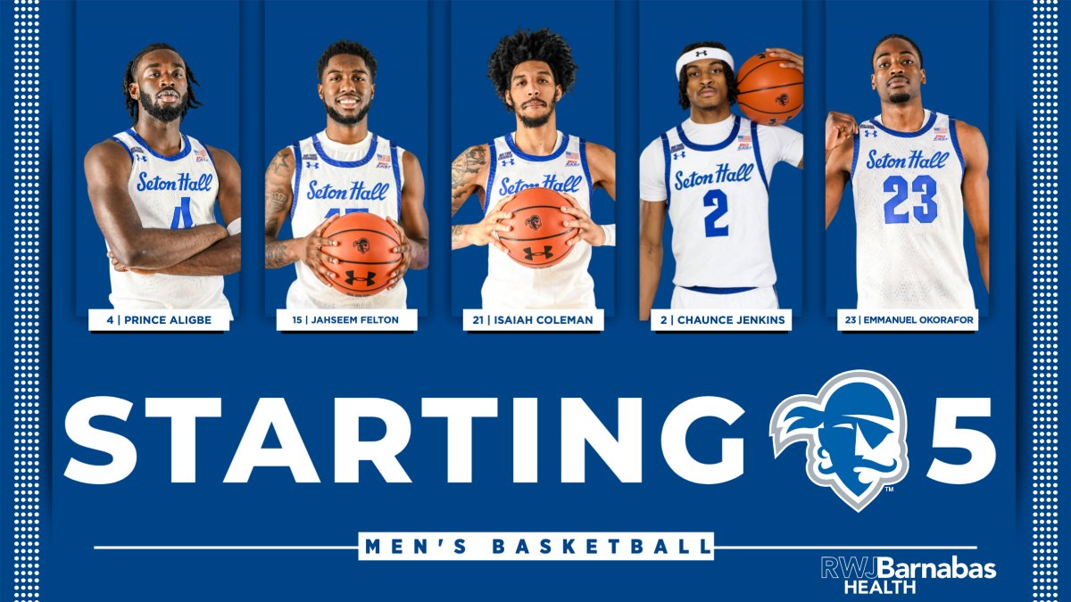 SetonHallMBB's tweet photo. Here's tonight's starting lineup, brought to you by @RWJBarnabas https://t.co/17WSD1HHK4
