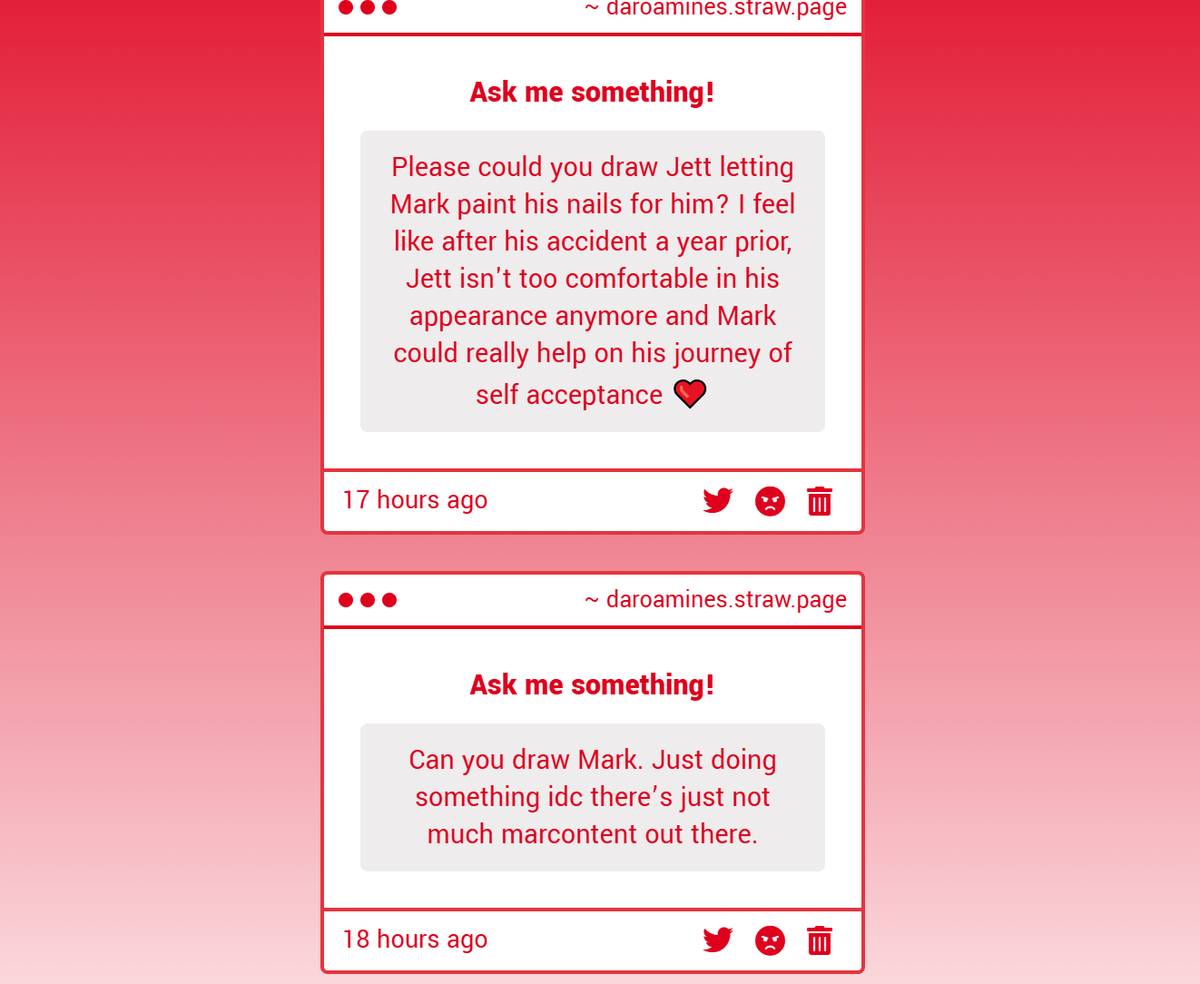 daroamine's tweet photo. for both anons requesting some mark. jettskii and an extra little bug

https://t.co/5ZXIFU9QsD https://t.co/1G5ejWJNTM