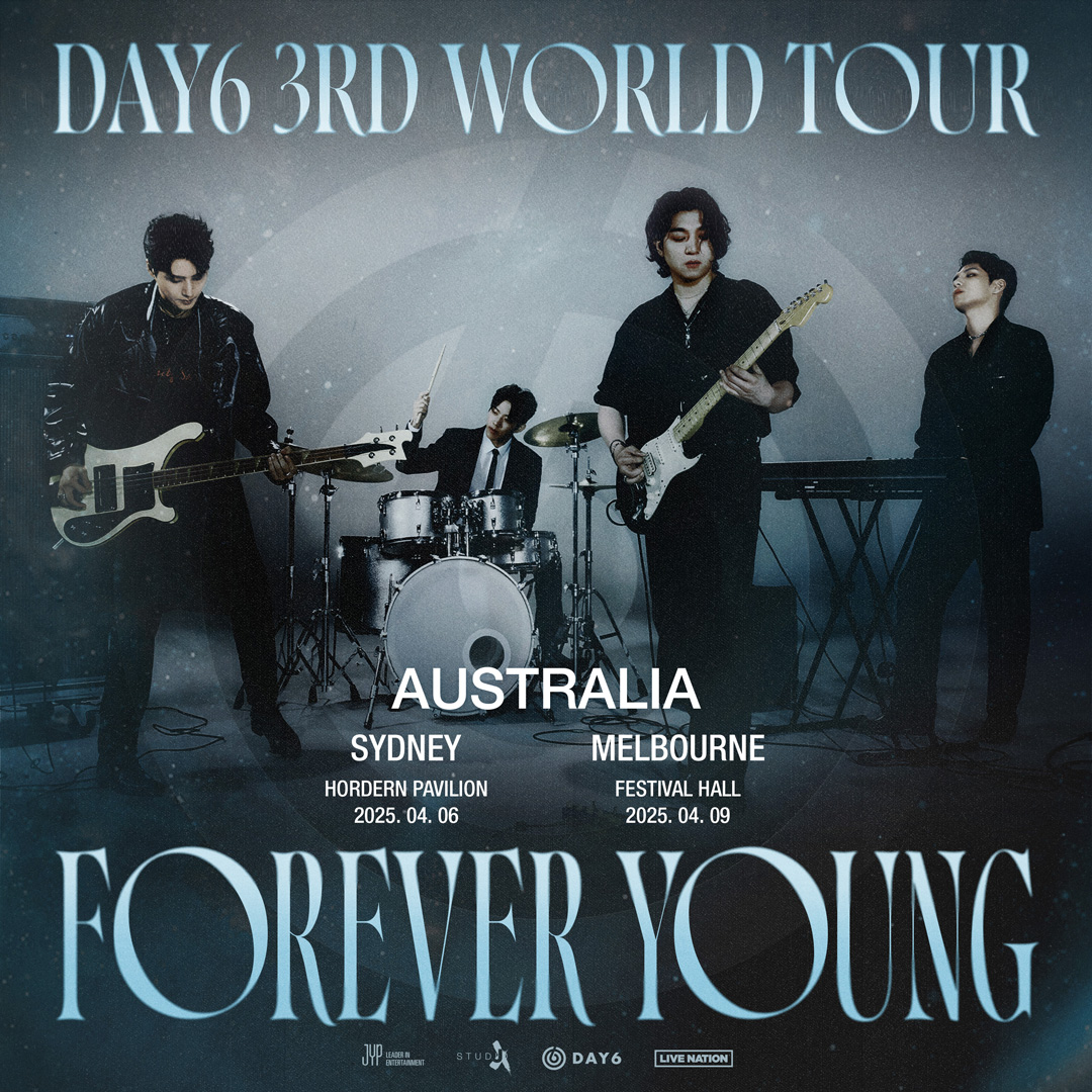 LiveNationAU's tweet photo. DAY6 (데이식스) is bringing their 3RD WORLD TOUR <FOREVER YOUNG> to Australia this April! 🙌⁠ Tickets: https://t.co/akQ962XxYG

Mastercard Presale: Mon 20th Jan, 12pm AEDT⁠
Live Nation Presale: Wed 22nd Jan, 1pm AEDT⁠
General Sale: Thu 23rd Jan, 1pm AEDT https://t.co/TOHcX6cypT