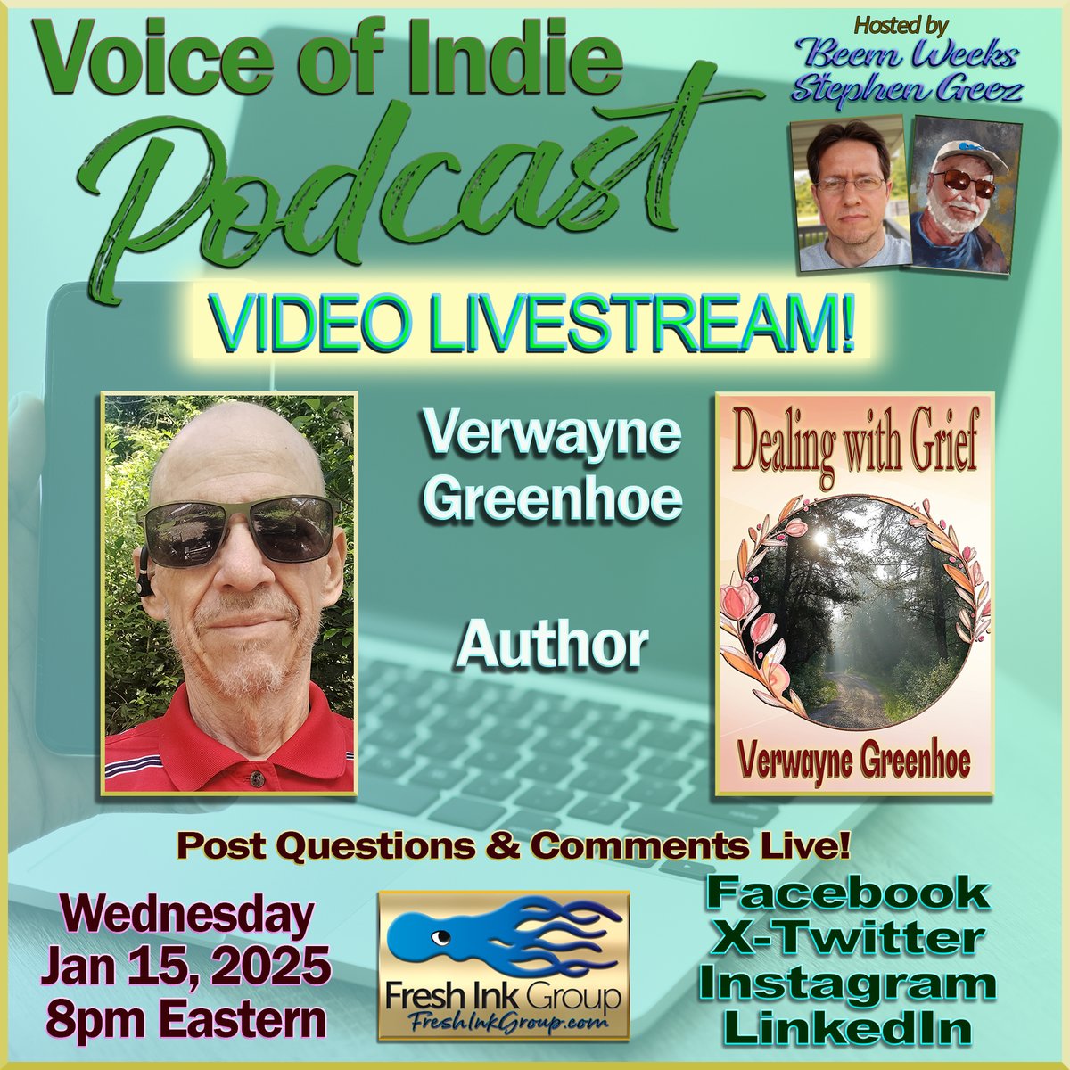 StephenGeez's tweet photo. *LIVE VIDEO #Podcast NOW!* Verwayne Greenhoe @VerwayneAuthor VOICE OF INDIE @FreshInkGroup hosts @StephenGeez @BeemWeeks https://t.co/QLE3gQus6B #writingcommunity #books #publishing #writerpodcast #interview #novels #audiobooks #writerslife #book #bookboost #books #IARTG #ASMSG https://t.co/2AyGpifeKR