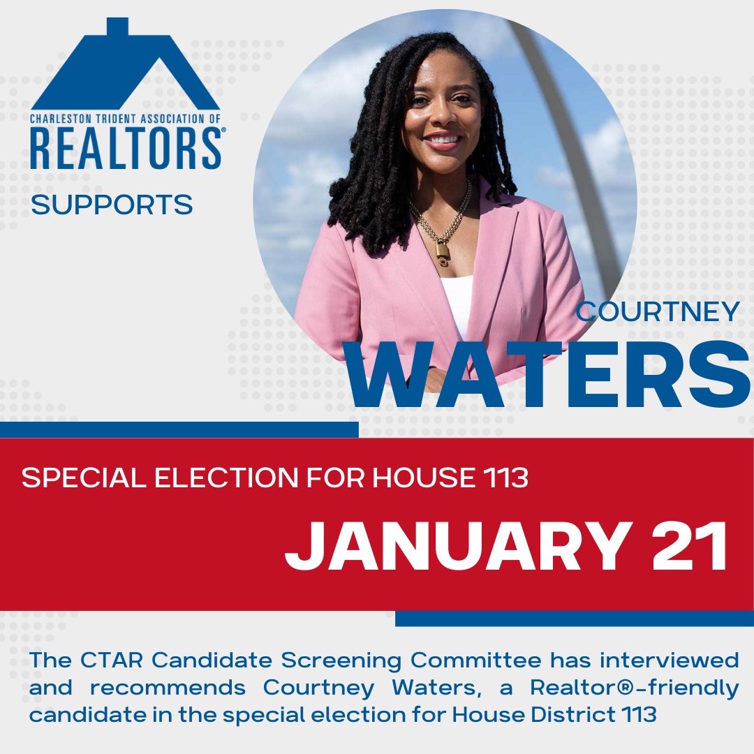 ChasREALTORS's tweet photo. CTAR recommends Courtney Waters, a Realtor® -friendly candidate in the House District 113 Special Election. Don't forget to vote on January 21 if you live in H.113! https://t.co/wV2jgGPKXi