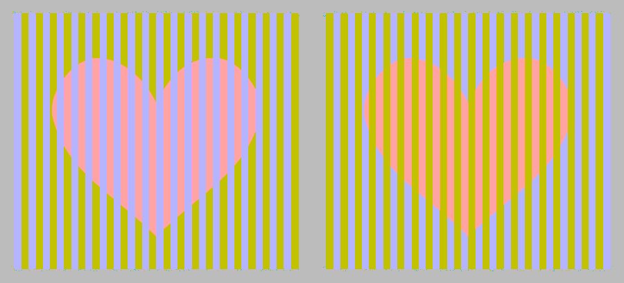 The left heart appears pinkish while the right one orange, though they are the same color.