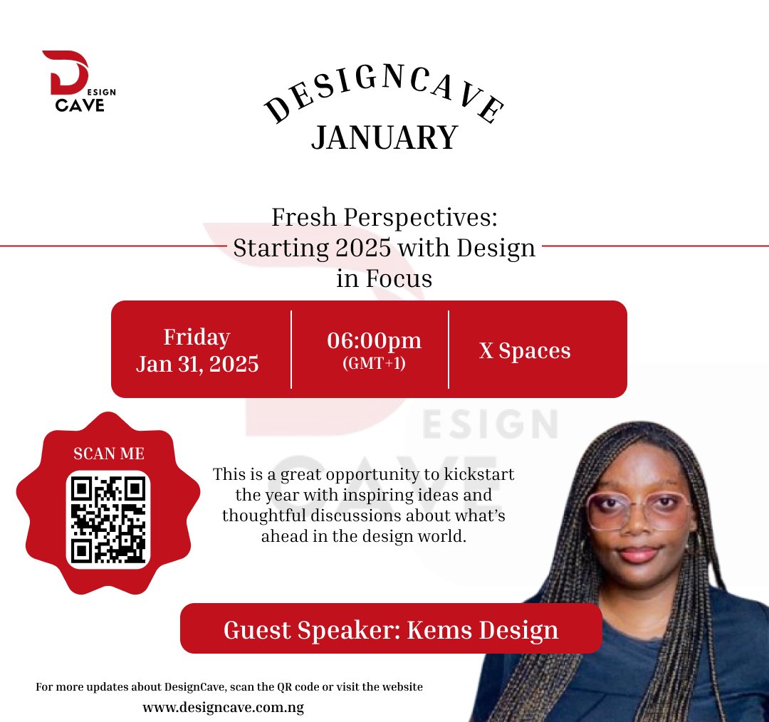 DesignCaveNGO's tweet photo. Our Design Talk Day (DTD) is here to inspire and ignite creativity in your design journey. Let’s set the tone for a bold and innovative year!
Theme: Fresh Perspectives: Starting 2025 with Design in Focus
Date: January 31, 2025
Time: 8 PM
Platform: X Space
#DesignTalkDay #DC2025 https://t.co/CbAwyJDyME