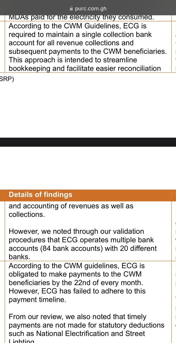 CallmeAlfredo's tweet photo. PwC has completed the second audit of ECG’s accounts, covering Q4 2023. Here are some key findings:

1) ECG under declared revenues to the cash waterfall mechanism (CWM) by 1.14 billion cedis when compared to ECG’s bank accounts 

2) Even with the under-declared revenues to the CWM, ECG still underpaid the sector players based on allocations in the CWM. Over 3 months, it underpaid them by 609m cedis. 

3) Despite being directed to operate a single bank account for all revenue collections and disbursements, ECG operated 84 bank accounts across 20 banks 

4) The private vendor tasked with collections on behalf of ECG got paid 47.5m cedis in commissions over 3 months. It even got paid before the players who actually generate the power 

5) ECG over two months made deductions worth 303m cedis from the revenue declared. They called this amount “tax offsets” but they couldn’t provide any evidence or rationale to the auditors 

Full audit report here: https://t.co/BMzueeWXgf