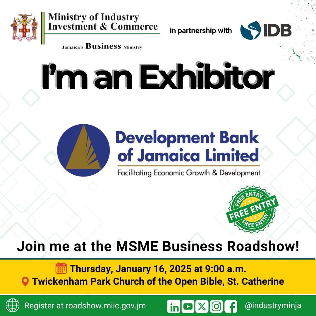 We’ll be at the MSME Business Roadshow on Jan 16 at Twickenham Park Church of the Open Bible!

Come see how we can support your business journey. Delivered by <a href="/industryminja/">Ministry of Industry, Investment and Commerce</a> &amp; @el_bid. Let's grow together! 📷 #MSMERoadshow #Entrepreneurship