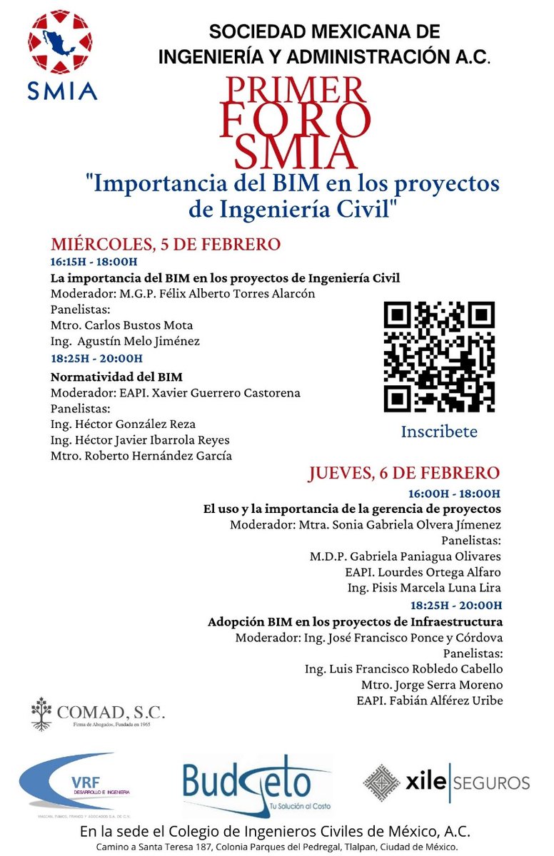 CICMoficial's tweet photo. La Sociedad Mexicana de Ingeniería y Administración, A.C. invita al Primer Foro SMIA: “Importancia del BIM en los proyectos de Ingeniería Civil”.
Fecha: 5 y 6 de febrero, 2025.
Sede: Colegio de Ingenieros Civiles de México.
Registro en: https://t.co/oVjimt9hMp https://t.co/Acye5sSEio