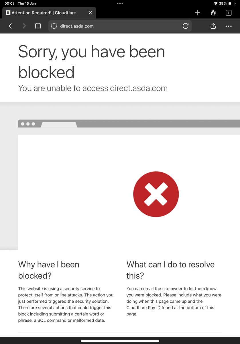 mick376ad's tweet photo. @Georgeatasda @asda why have I been blocked when trying to access your website? Any advice is appreciated. https://t.co/6GdfwVnPPb