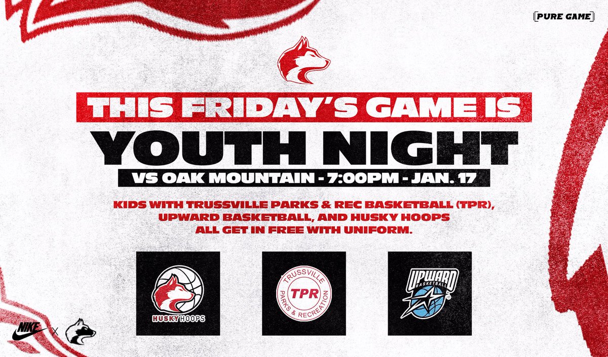 TPR1121's tweet photo. Youth night this Friday 1/17 at Bryant bank arena! Wear your jersey and get in free! Go watch some good basketball and cheer the huskys on to victory! https://t.co/ALSjclXnxQ