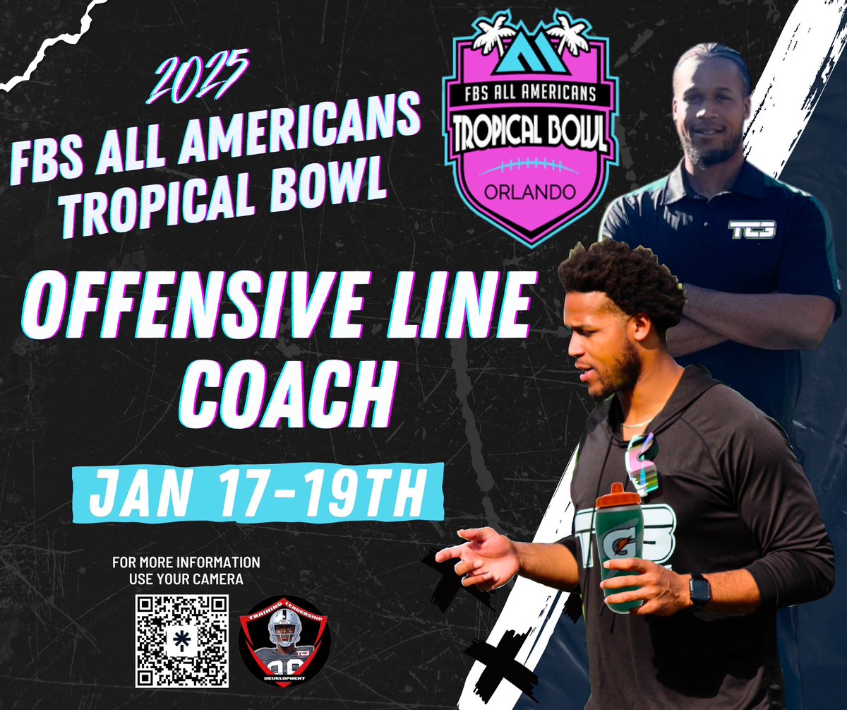 🏈 Excited to announce I’ll be the OL Coach at the 2025 FBS All Americans Tropical Bowl in Orlando! 🏝️

📲 Scan the QR code in the graphic for more info or DM me to learn more!

#FootballCoach #OffensiveLine #TropicalBowl2025 #TC3Performance #FootballTraining #Florida