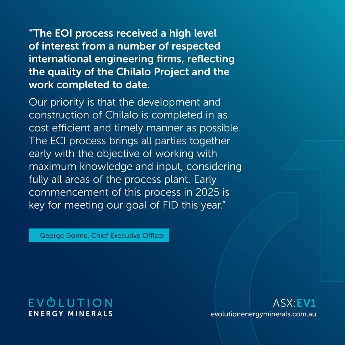 #ASXNews

#EV1 has commenced the Early Contractor Involvement (ECI) process for the design and construction of the process plant for its Chilalo Coarse Flake #Graphite Project in Tanzania.

View announcement: loom.ly/Dge0bTY

#ASX