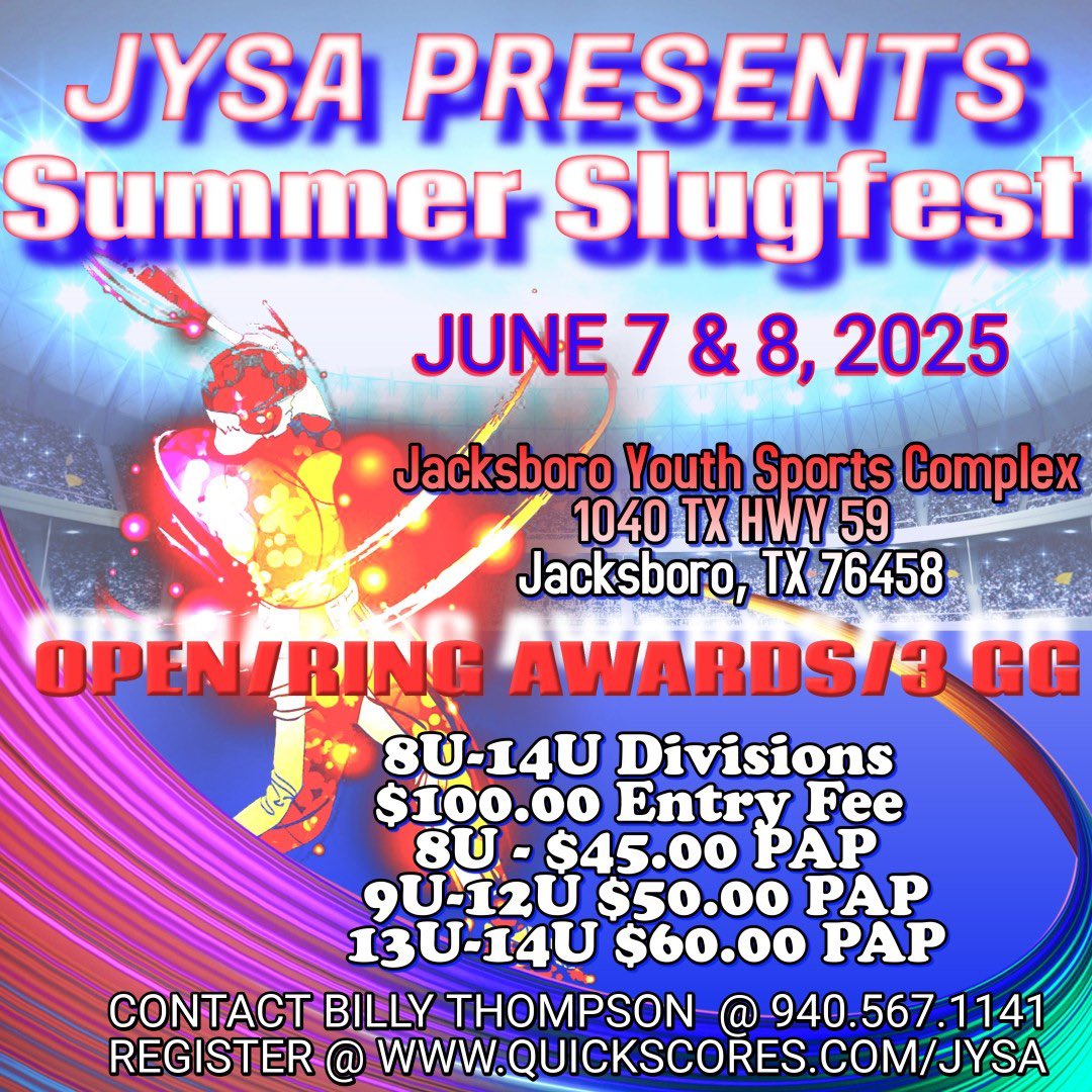 Get ready for some great baseball ⚾️ tournaments in Jacksboro, TX. Get registered today they will fill up fast quickscores.com/jysa