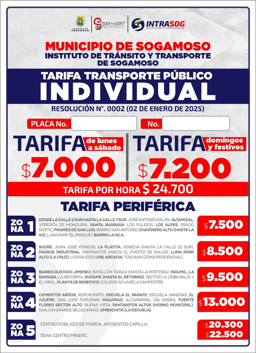 AlcSogamoso's tweet photo. 📌 Recuerda que a partir de este 📆 16 de enero cambian las tarifas para el servicio de transporte público colectivo e individual tipo Taxi 🚕 🚎#Sogamoso #CiudadDelSolPuebloDeAcero #IntraSog https://t.co/OUI0M032O5