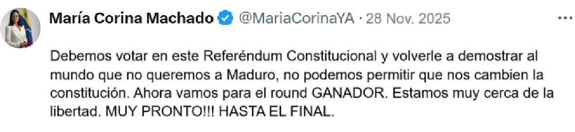 Tweet futurista de <a href="/MariaCorinaYA/">María Corina Machado</a> del 25 de noviembre de 2025. Traido por el doctor Emmett Brown.