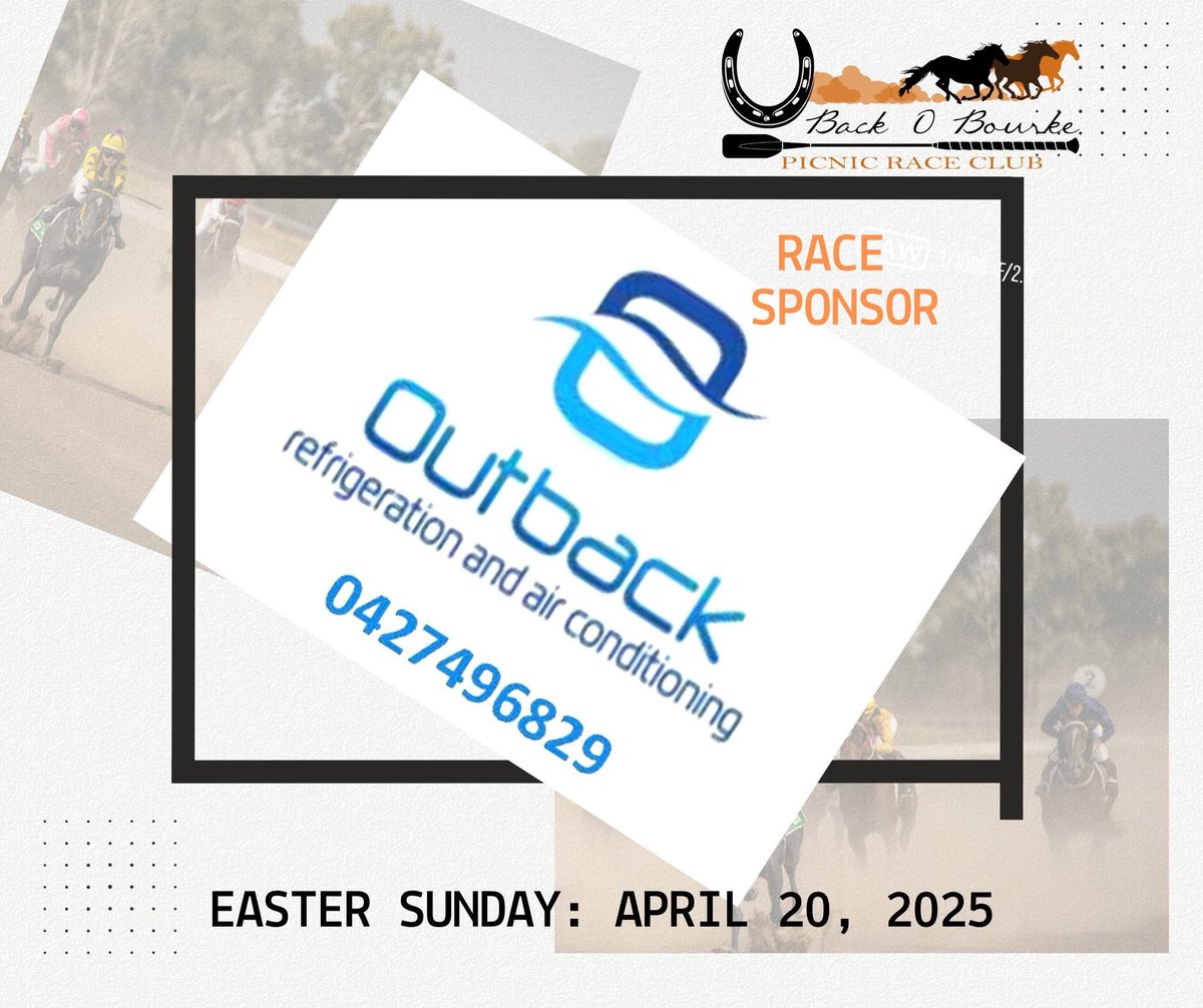 BourkeRaceClub's tweet photo. A big thank you to our 10 year anniversary race sponsor Bourke Outback Refrigeration🏇🏇🏇 
#eastersunday #backobourkepicnicraces #april20 https://t.co/9UDsYsto7h
