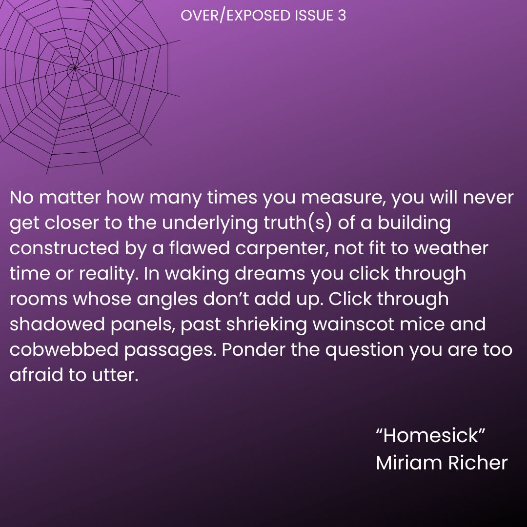 overexposedlit's tweet image. Our final contributor of issue 3 is @MiriamRicher with "Homesick," a beautifully tragic interactive narrative. Miriam's work has appeared in @PlenitudeMag, @alacarteblanche, and she is the co-host of the @craftworkpod.
