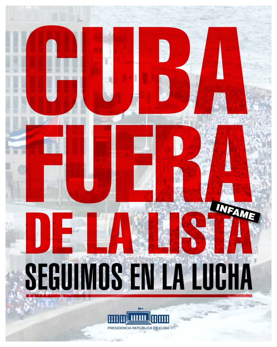 #Cuba🇨🇺🇨🇺🇨🇺 fuera de la lista!!!
Pero seguimos luchando 💪🇨🇺 en 
#TercerFrente #TumbaElBloqueo <a href="/DiazCanelB/">Miguel Díaz-Canel Bermúdez</a> <a href="/DrRobertoMOjeda/">Dr. Roberto Morales Ojeda</a> <a href="/PartidoPCC/">Partido Comunista de Cuba</a>