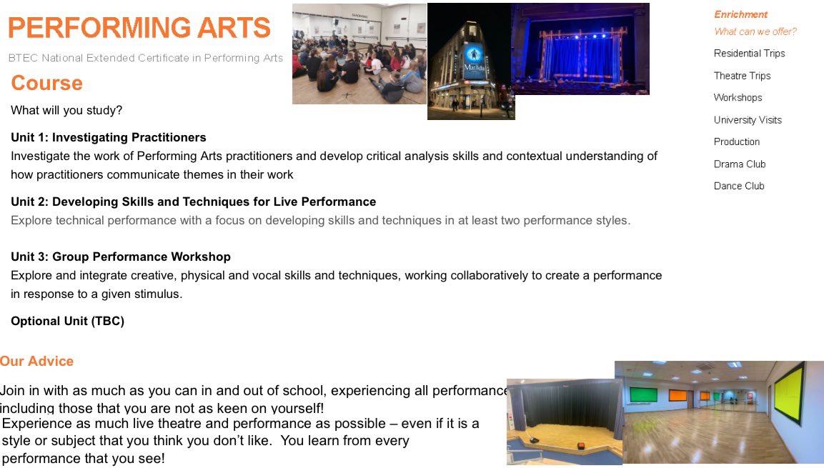 An example of what you would be studying if you were to choose Level 3 BTEC Performing Arts in Sixth Form (Culture Pathway) 🎭