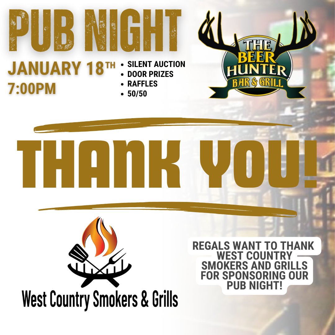 SGRegals's tweet photo. 🎉🍻 PUB NIGHT WITH THE REGALS! 🍻🎉
📅 January 18th | 7:00 PM
📍 The Beer Hunter Bar & Grill, Spruce Grove
Thanks You to West Country Smokers and Grills for sponsoring our PUB NIGHT!!
#RegalsPubNight #SupportLocalHockey #SpruceGroveRegals #HockeyCommunity https://t.co/XnY81ubnhU