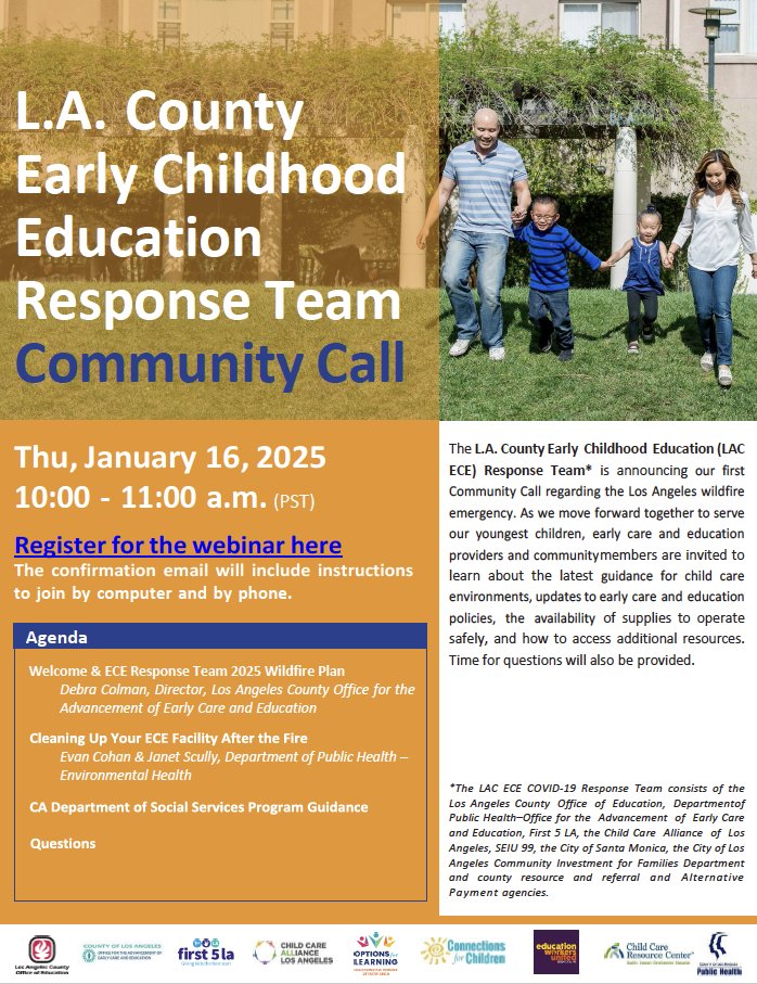 📢Calling all #ECE providers! Join the #LACounty ECE Emergency Response Webinar tomorrow to stay prepared during the #LAWildfire. Topics include wildfire response plans, facility cleanup tips, and updates on emergency orders and guidance. 
Register now! 👉🏾 ow.ly/ko3g50UH7NY