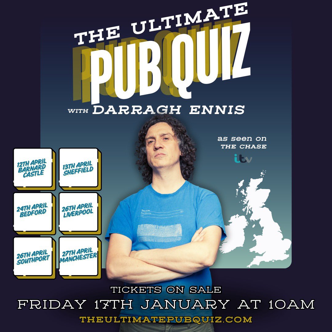 📣🎉 Exciting News, Quiz Lovers! 🎉📣 

Get ready to put your trivia skills to the test! 🧠🍻 The Ultimate Pub Quiz with Darragh Ennis, is launching THIS FRIDAY at 10 AM! 🗓️✨ 

🎟️ | theultimatepubquiz.com

#DarraghEnnis #PubQuiz #TriviaNight #QuizTime #FunTimes #GetYourTriviaOn