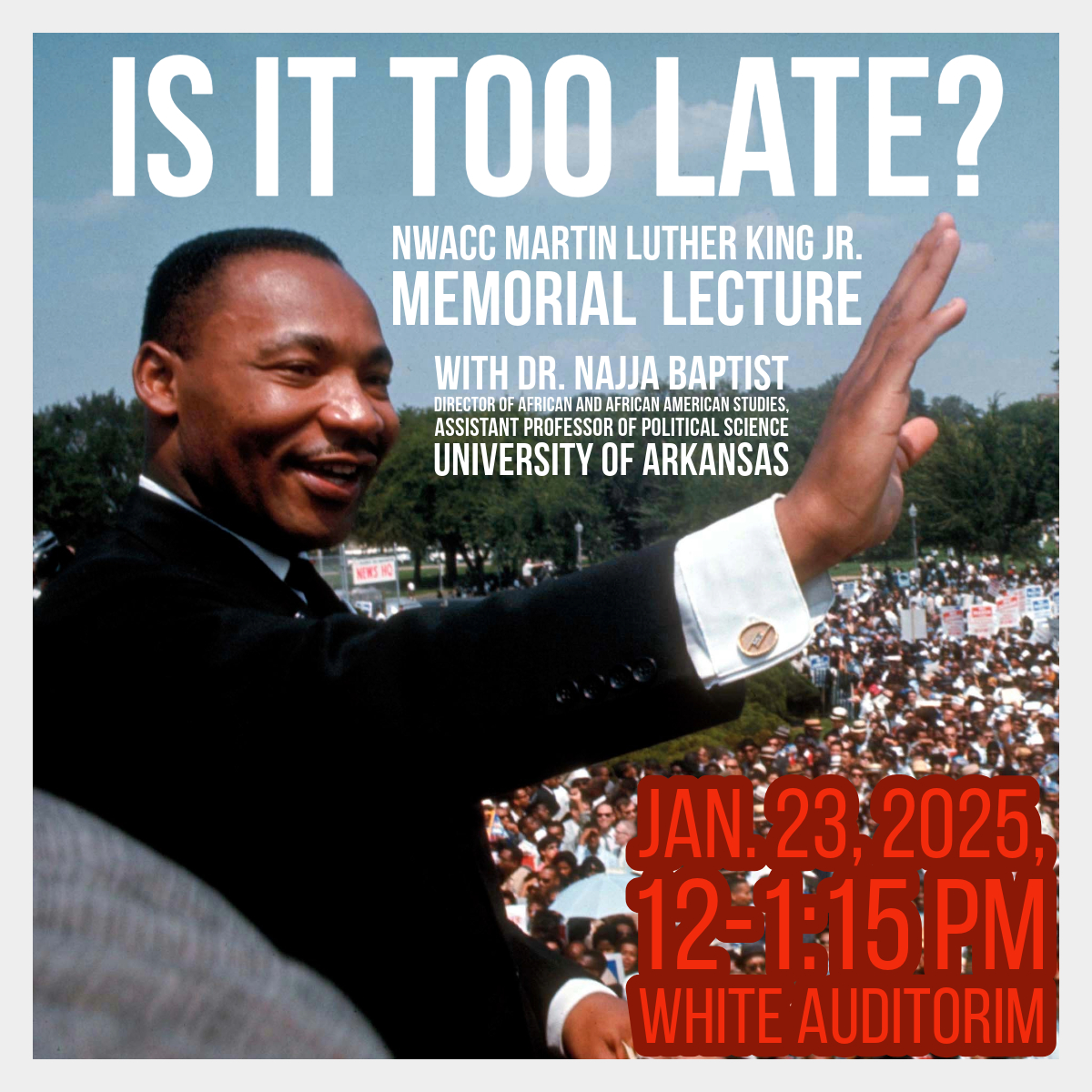 In honor of MLK Jr. Day, Dr. Baptist will present a lecture and townhall-style discussion next Thursday, January 23, at noon in White Auditorium (Burns Hall) on the NWACC campus.

We hope to see you there!