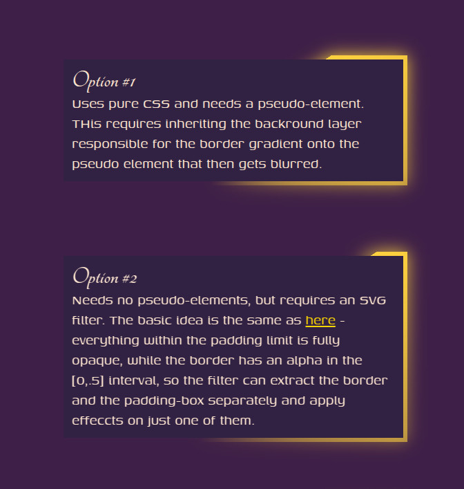 First two base options. They look pretty much the same, no grainy glow and no roundings, so the sharp opaque end of the rotating conic gradient  border doesn't look too great.