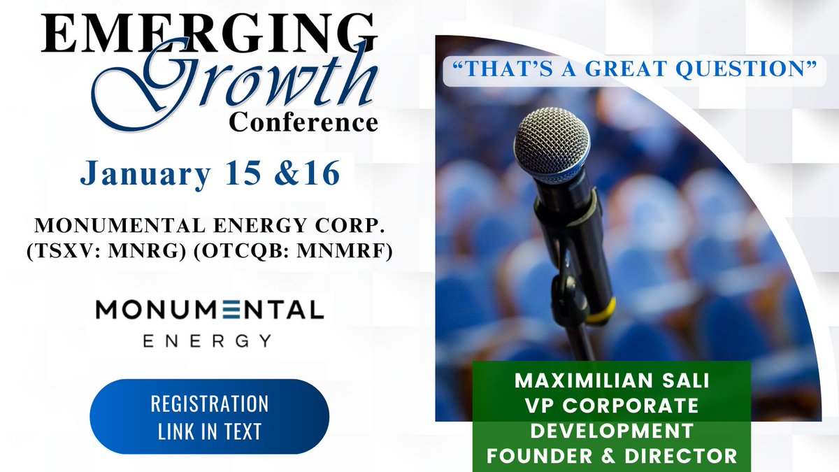 EmergingGrowthC's tweet photo. $MNMRF $MNRG Live Emerging Growth Conference in 15 min.
@MonumentalCorp 
@MonumentalCorps 

Questions for the Company?
Questions@EmergingGrowth.com

Click to stream live:
https://t.co/D3Fjka1aT0

Other Companies presenting today:
$GRO
$XBP
$MKTW
Alt Equity - Private Co with guests
$RGBP $RGBPP
$CBIH
$ATWT
$UCAR
$BNRG
$MNMRF $MNRG
$SKYH
$CYIO

To Present:
305-330-1985
Conference@EmergingGrowth.com