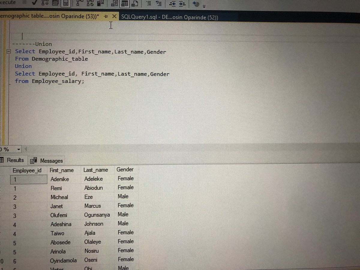 Imoleayo1182245's tweet image. Day 3/15 of  SQL Data challenge with DAH.

I learnt how to use the Union command, which helps to combine the results set of two or more select statements. 
@Ayoogunlola 
#15daysofconsistencywithDah 
#15daysofDatawithDah