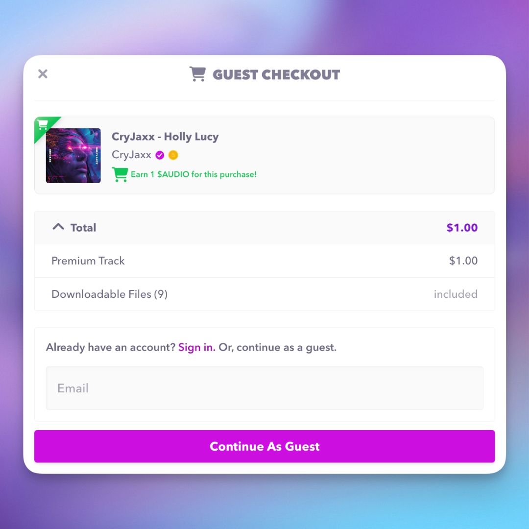 First time Audius user looking to buy a track? Now it’s faster than ever 🚅

‘Guest Checkout’ is here! Purchase your favorite artist’s music without being logged in.

All you need is your credit card and you’ll be streaming your new premium track in no time 💳