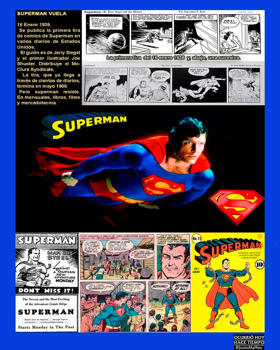 JostoMaffeo's tweet photo. 💪 📰 SUPERMAN VUELA
16 Enero 1939.
Se publica la primera tira de comics de #Superman en varios diarios de Estados Unidos.
Guión de Jerry #Siegel y primer ilustrador Joe #Shuster. Distribuye McClure Syndicate.
La tira, ya en cientos de diarios, terminará en mayo 1966. https://t.co/KG1U7T1Ra4