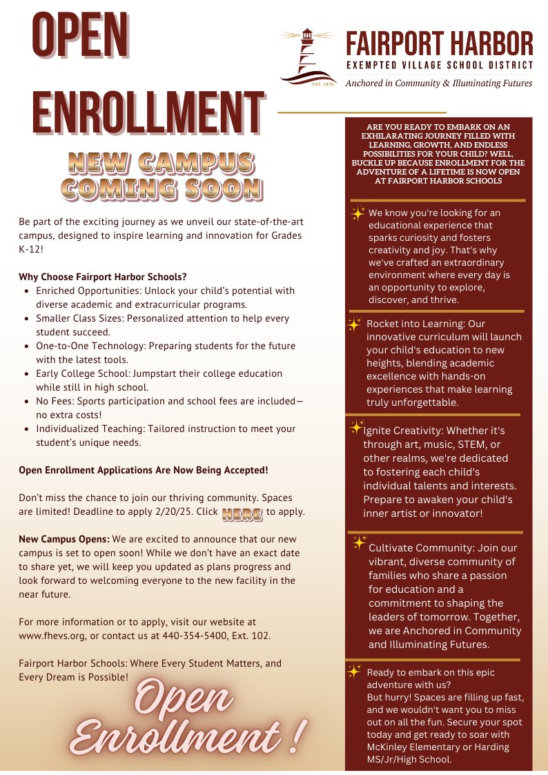 Open Enrollment applications are open until 2/20/25, Class size limitations- Apply today! 
fhevs.org/enrollment01/o…
