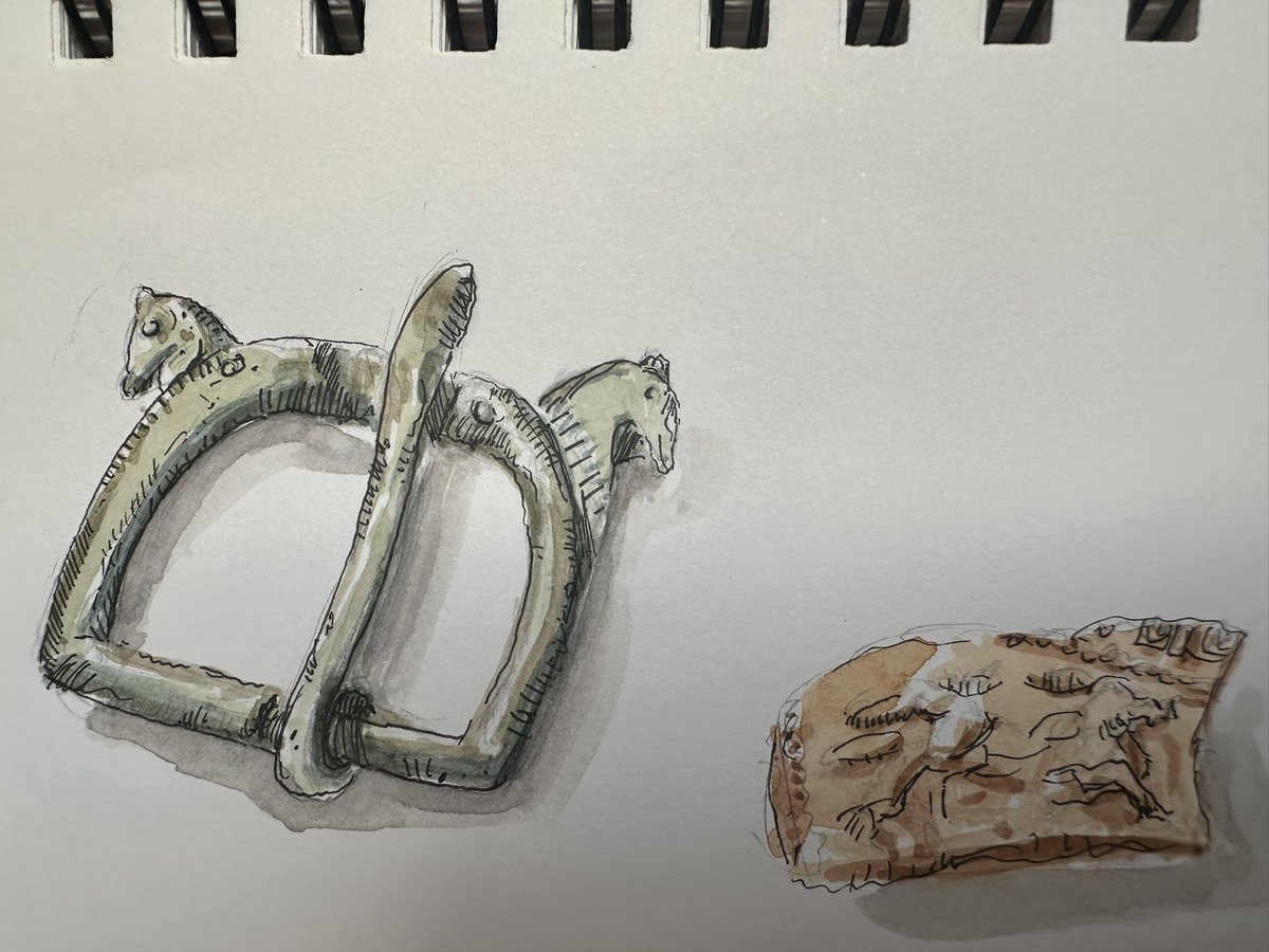 richardhosgood's tweet photo. And the finds from near Oxford are good too! Horsey themed with this horse-headed buckle (were these once attributed to mercenaries?) and a piece of Samian with a centaur on it - @ArchaeologyRed - #diggingforbritain #drawingdiggingforbritain #archaeology https://t.co/EBn6SGccF2